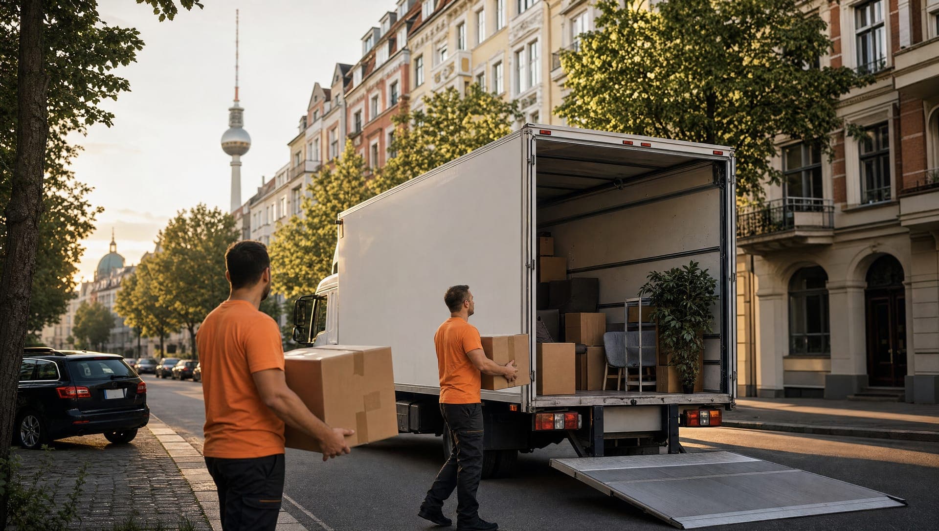 Umzugswagen im Berliner Stadtverkehr vor einer Altbaufassade