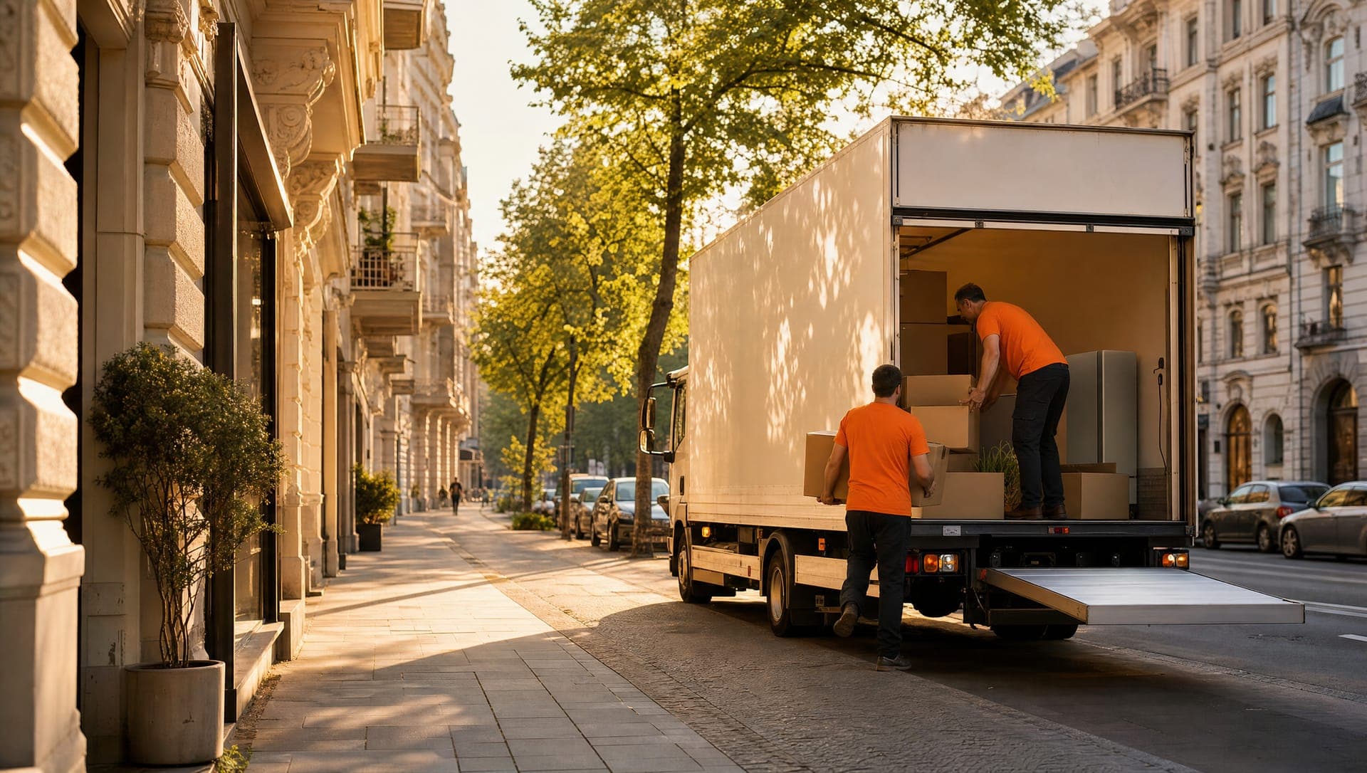 Umzugswagen vor Stuck-Altbau in der Bleibtreustraße in Charlottenburg
