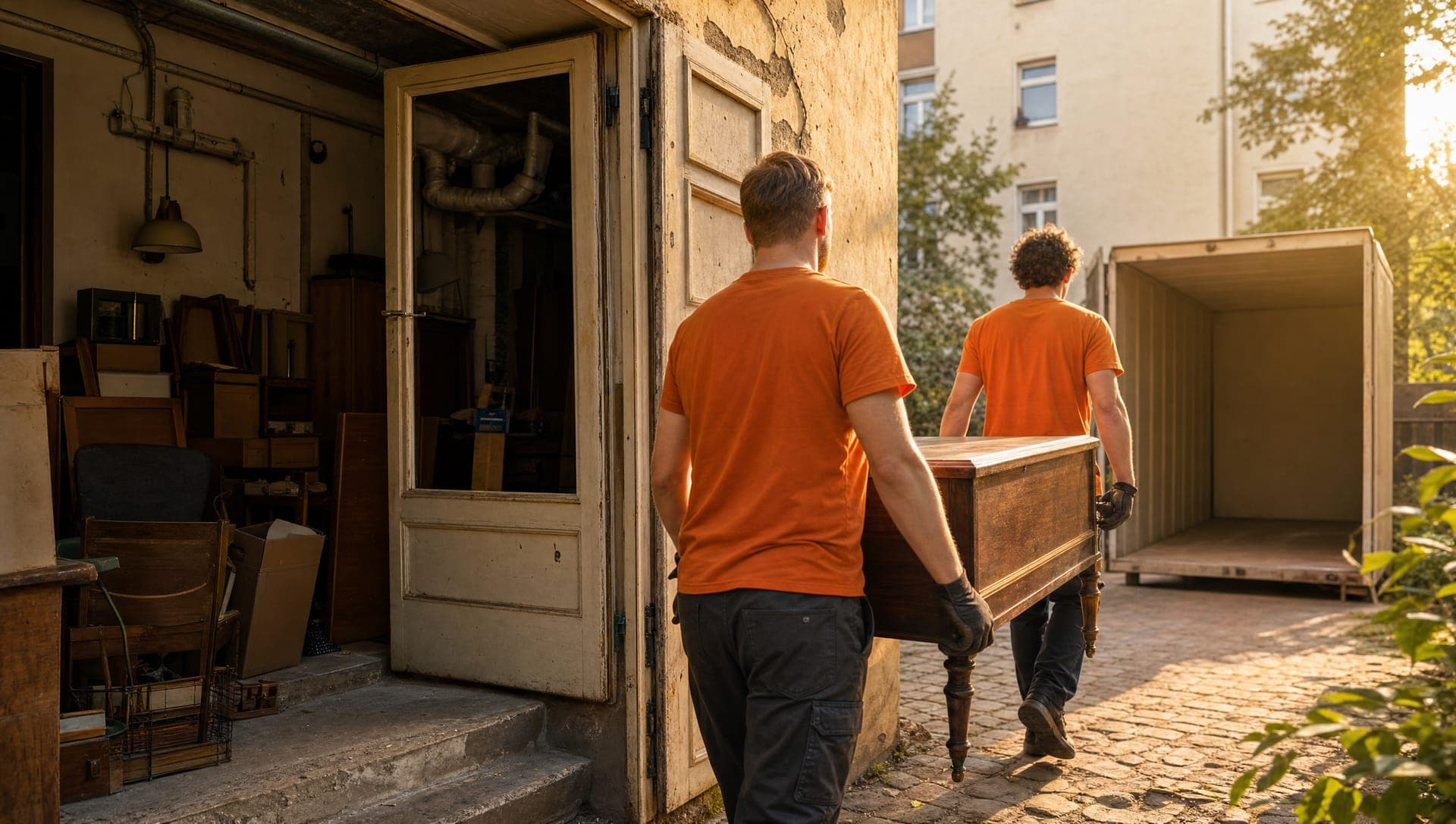Team räumt Kellerabteil leer und trägt Kisten und alte Möbel zum Container