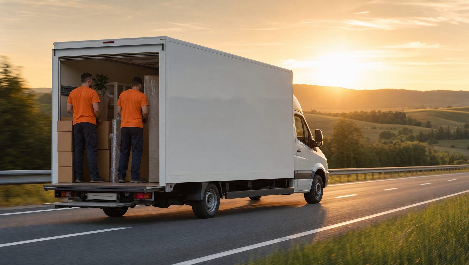 Beladener Umzugs-LKW auf der Autobahn bei Sonnenaufgang unterwegs zu einer anderen Stadt