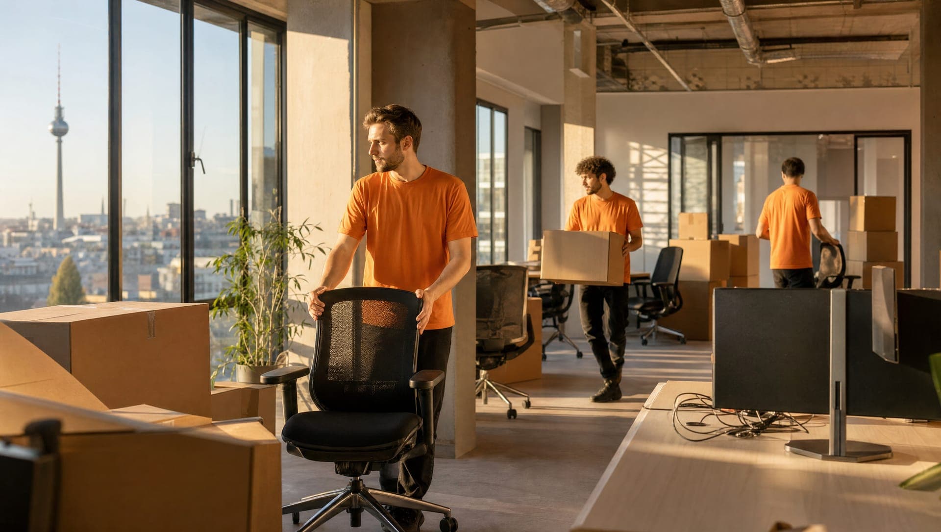 Umzugsteam verlädt beschriftete Bürocontainer und Monitore vor einem Bürogebäude