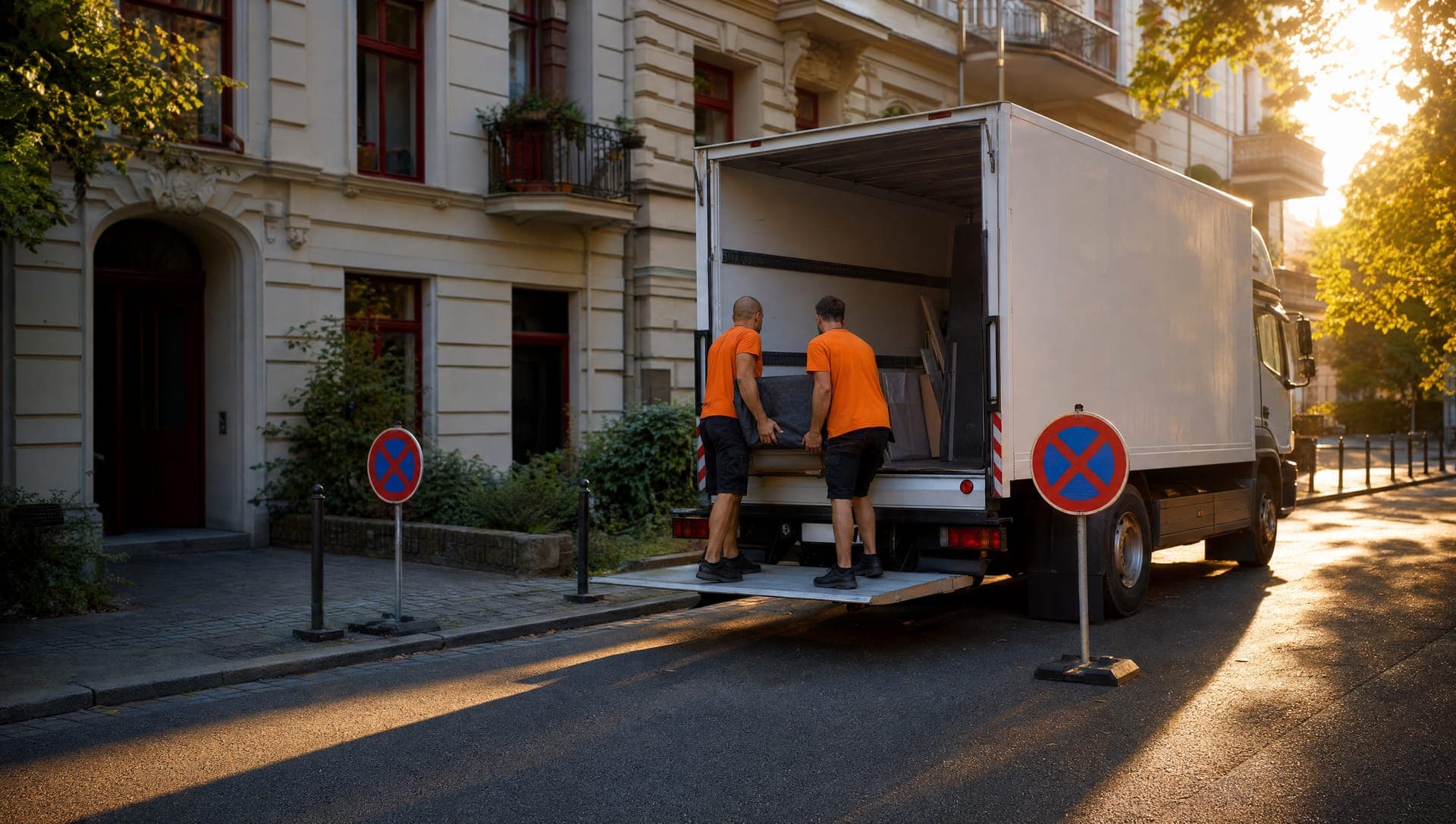 Mobile Halteverbotsschilder reservieren eine Parkfläche vor einem Berliner Wohnhaus