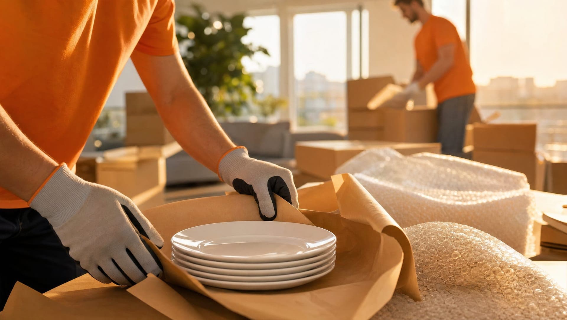 Mitarbeiterin wickelt Weingläser in Packpapier und verstaut sie in einem beschrifteten Karton